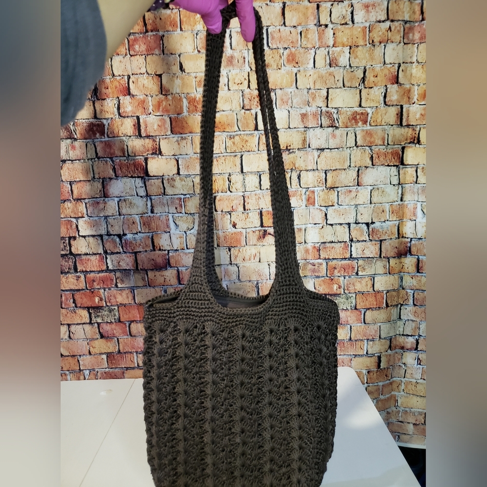 Handmade Crocheted Handbag — Brown, Textured, Lined